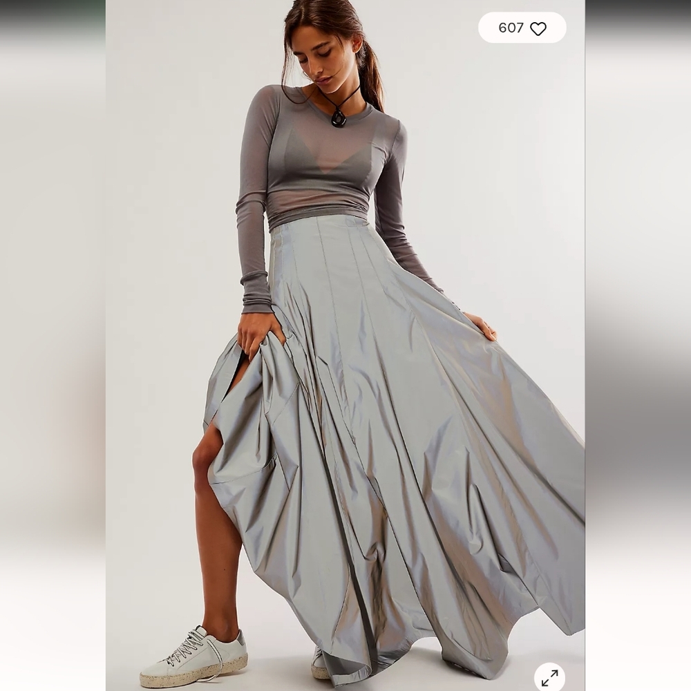 Norma Kamali  Grace Shimmering Silver Maxi Skirt
